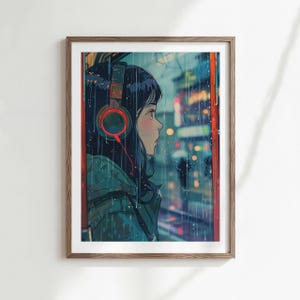 Neon Anime Wall Art Print, Rainy Night Headphones Digital Download Poster image 1