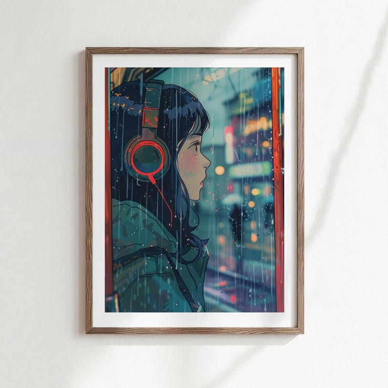 Neon Anime Wall Art Print, Rainy Night Headphones Digital Download Poster image 1
