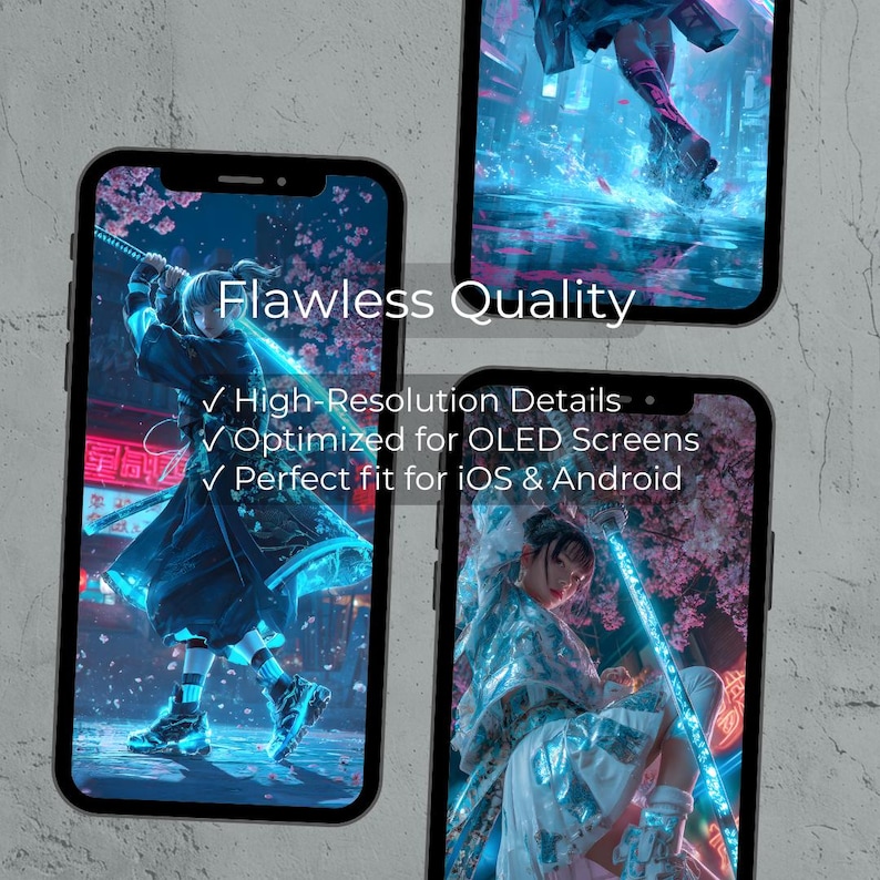 May include: Three smartphones displaying digital art. The screens feature images of a person in a kimono with a sword, and a futuristic cityscape. Text on the image reads "Flawless Quality", "High-Resolution Details", "Optimized for OLED Screens", and "Perfect fit for iOS & Android".