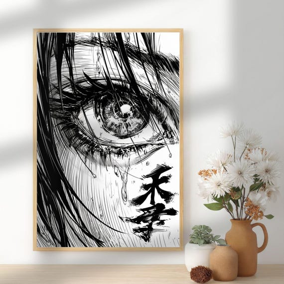 Dark Anime Eyes Art Print Triptych, Black White Manga Gallery Wall Dec