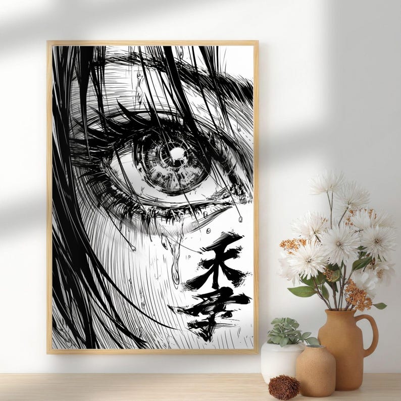 May include: A black and white wall art print featuring a detailed close-up illustration of a human eye with long eyelashes and a tear falling down the cheek. The artwork includes bold black Japanese kanji characters positioned below the eye.