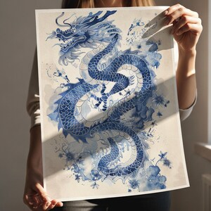 Aquarel muurdecoratie met een blauwe draak, fantasievolle digitale downloadbare poster. afbeelding 3