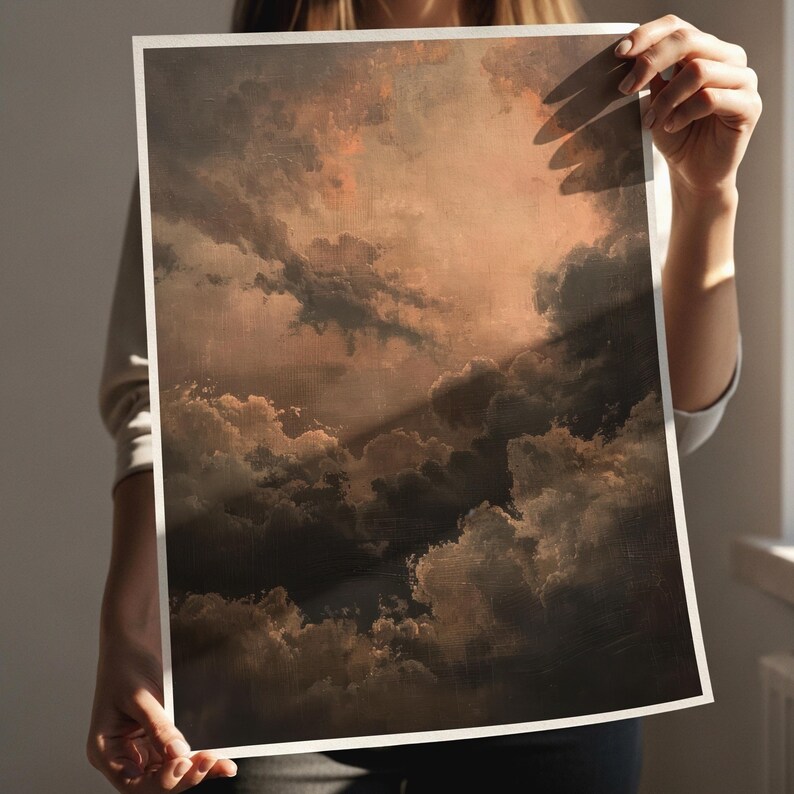Reproduction d'une peinture à l'huile représentant un coucher de soleil mélancolique et un paysage nuageux, style Dark Academia, à télécharger en téléchargement numérique. image 2