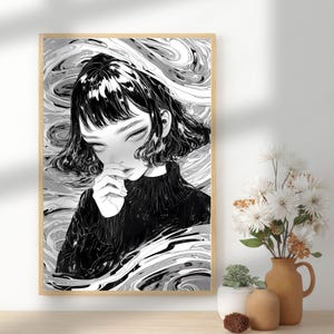 May include: Black and white art print of a woman with short hair, wearing a black turtleneck sweater. The artwork has a swirling, abstract background. The print is framed in a light wood frame.