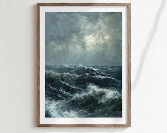 May include: A framed print of a seascape painting. The artwork depicts a turbulent ocean with large waves under a stormy, overcast sky. The color palette is dominated by shades of blue, gray, and white, creating a dramatic and moody atmosphere.