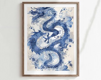 May include: A framed art print featuring a blue and white watercolor illustration of a dragon. The dragon is depicted in a detailed, flowing style, with a light background and floral accents. The artwork is encased in a wooden frame.