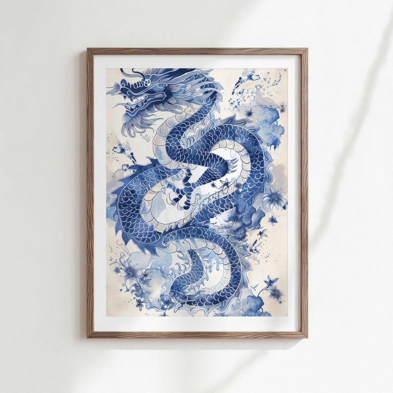 Aquarel muurdecoratie met een blauwe draak, fantasievolle digitale downloadbare poster. afbeelding 1