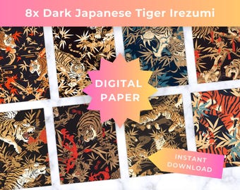 8x Japanese Tiger Irezumi Seamless Patterns, Dark Bamboo Digital Paper (Digital Download)
