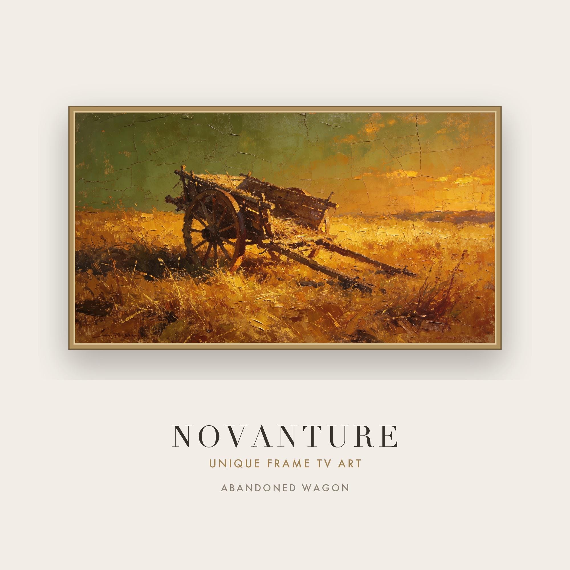 Samsung Frame TV Art Abandoned Wagon Vintage Rustic Golden Hour Landscape Painti
