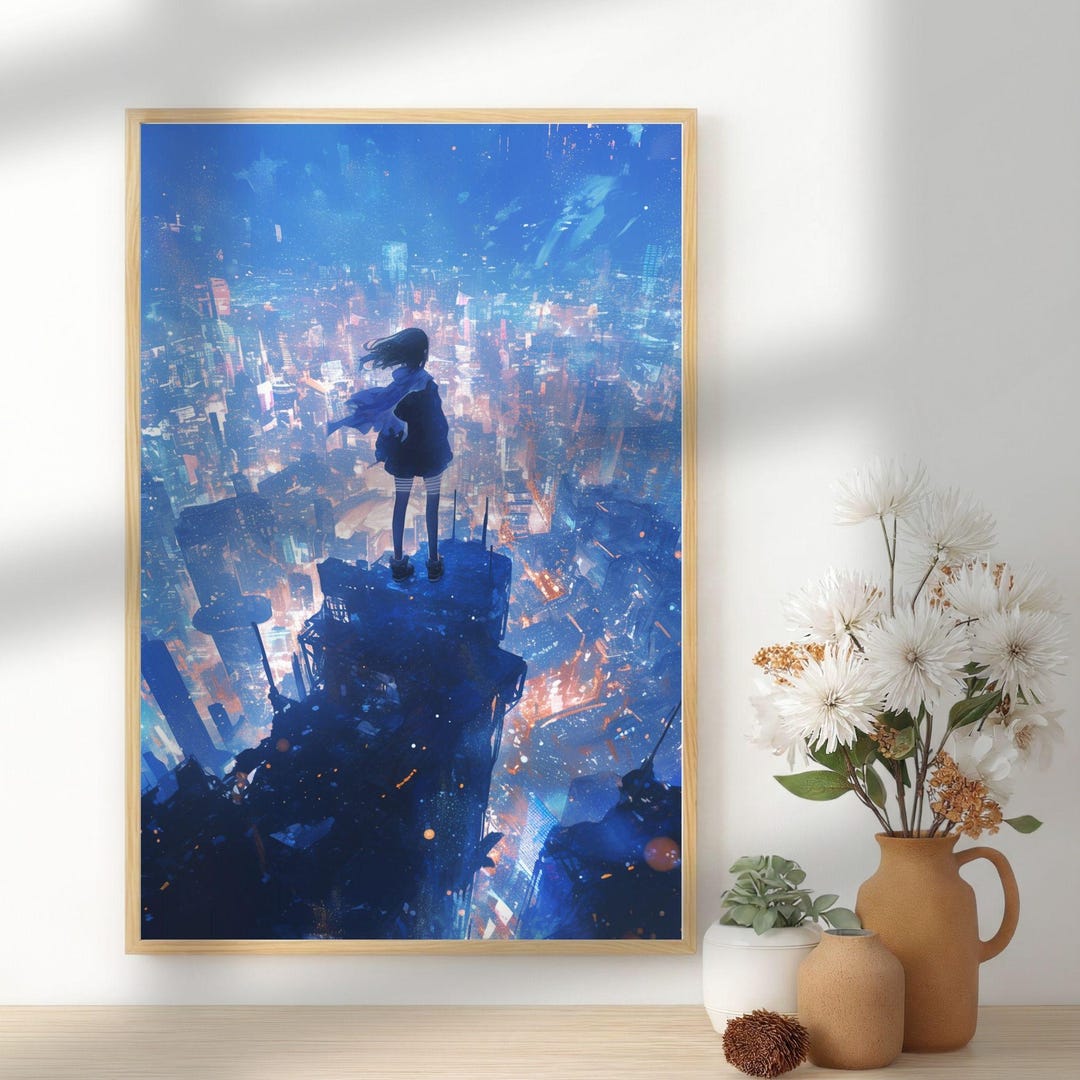 Cyberpunk Anime Girl Art Print, Neon Dystopian Cityscape, Otaku Cave ...