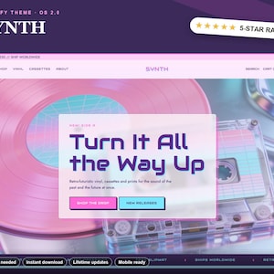 Tema de Shopify para música, plantilla de discos de vinilo Vaporwave, sitio web retro de los 80 OS 2.0, descarga instantánea.
