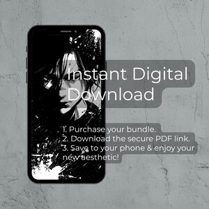 Puede incluir: Un tel&eacute;fono inteligente negro muestra una ilustraci&oacute;n en blanco y negro de estilo anime de un rostro. La imagen incluye el texto "Descarga digital instant&aacute;nea" e instrucciones: "Compra tu paquete", "Descarga el enlace PDF seguro" y "&iexcl;Guarda en tu tel&eacute;fono y disfruta de tu nueva est&eacute;tica!"
