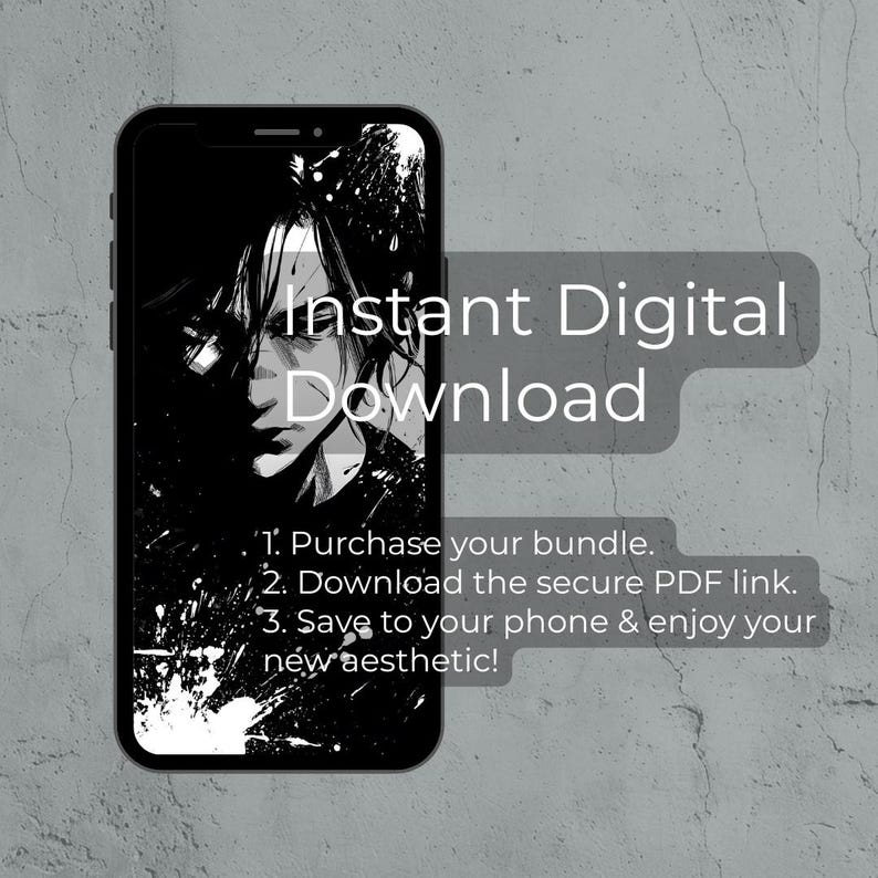Puede incluir: Un tel&eacute;fono inteligente negro muestra una ilustraci&oacute;n en blanco y negro de estilo anime de un rostro. La imagen incluye el texto "Descarga digital instant&aacute;nea" e instrucciones: "Compra tu paquete", "Descarga el enlace PDF seguro" y "&iexcl;Guarda en tu tel&eacute;fono y disfruta de tu nueva est&eacute;tica!"