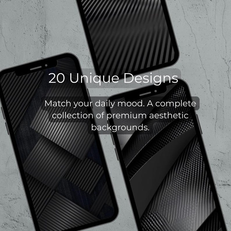 May include: Three black smartphones displaying abstract, geometric designs. The screens feature various dark patterns. Text on the image reads "20 Unique Designs" and "Match your daily mood. A complete collection of premium aesthetic backgrounds."
