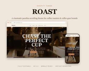 Coffee Shopify Theme, Parallax Scrolling Roastery Gear Store Template, Cinematic Animated OS 2.0 Website, Instant Download