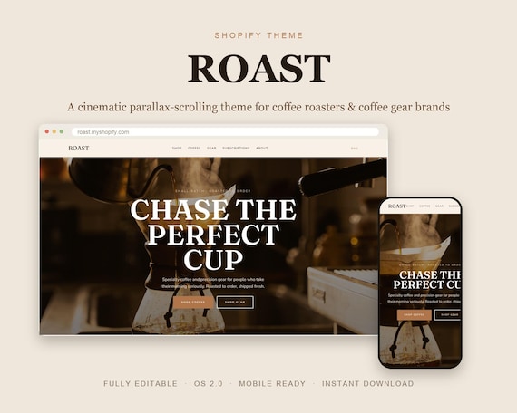 Coffee Shopify Theme, Parallax Scrolling Roastery Gear Store Template,
