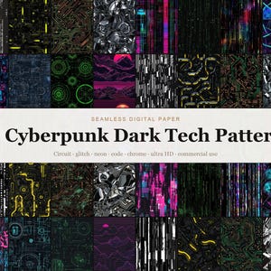 Könnte beinhalten: Eine Sammlung von 48 nahtlosen digitalen Papiermustern mit Cyberpunk- und Dark-Tech-Motiven. Die Designs umfassen Leiterplatten, Glitch-Effekte, Neonlichter, Code und Chrom-Texturen in den Farben Schwarz, Blau, Pink, Grün und Gelb.