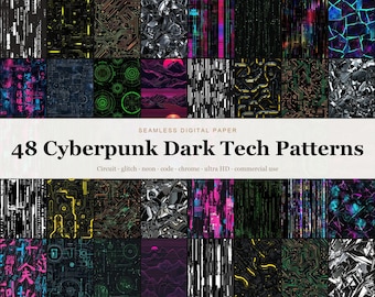 Cyberpunk Seamless Digital Paper Bundle, 48 Dark Tech Neon Circuit Glitch Matrix Code Patterns, Futuristic Backgrounds, Commercial Use