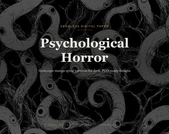 Dark Manga Spiral Seamless Patterns, Psychological Horror Digital Paper, Grotesque Anime Backgrounds, Commercial Use