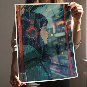 Neon Anime Wall Art Print, Rainy Night Headphones Digital Download Poster image 3