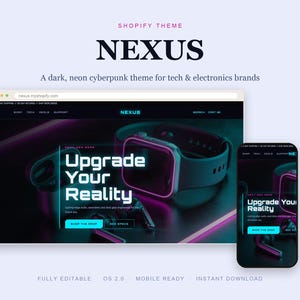 Tema de Shopify para tecnología, plantilla de electrónica y gadgets estilo cyberpunk, sitio web Dark Neon OS 2.0, descarga instantánea.
