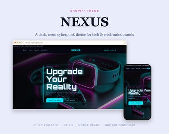 Tech Shopify Theme, Cyberpunk Gadget Electronics Template, Dark Neon OS 2.0 Website, Instant Download
