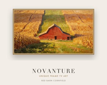 Samsung Frame TV Art Red Barn Cornfield Landscape, Autumn Harvest Countryside Painting