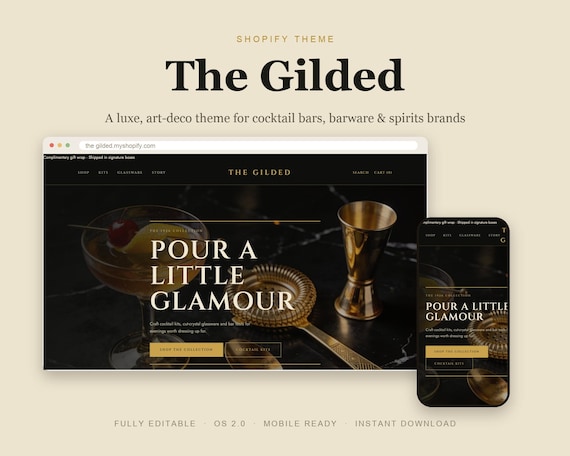 Art Deco Shopify Theme, Luxe Gold Barware Website (Instant Download)