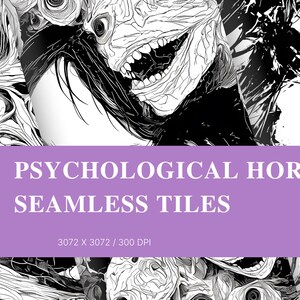 Op de afbeelding: Zwart-wit digitale illustratie met verontrustende, groteske gezichten met open monden en intense ogen. De tekst "8 Psychological Horror Seamless Tiles" staat op een paarse banner.