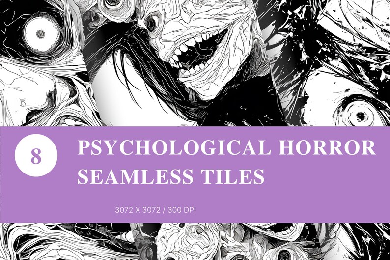 Op de afbeelding: Zwart-wit digitale illustratie met verontrustende, groteske gezichten met open monden en intense ogen. De tekst "8 Psychological Horror Seamless Tiles" staat op een paarse banner.