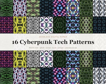 16 Cyberpunk Seamless Patterns, Matrix Code Glitch Circuit Digital Paper, Sci-Fi Tech Backgrounds (Digital Download)