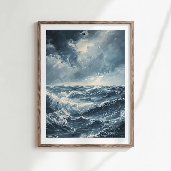 Dark Moody Seascape Wall Art Print, Stormy Ocean Digital Download Printa