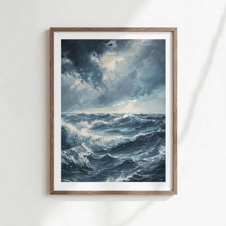Dark Moody Seascape Wall Art Print, Stormy Ocean Digital Download Printable (Digital Download) image 1