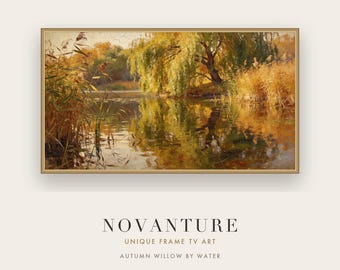 Samsung Frame TV Art Autumn Willow by Water Impressionist Golden Yellow Landscape Painting