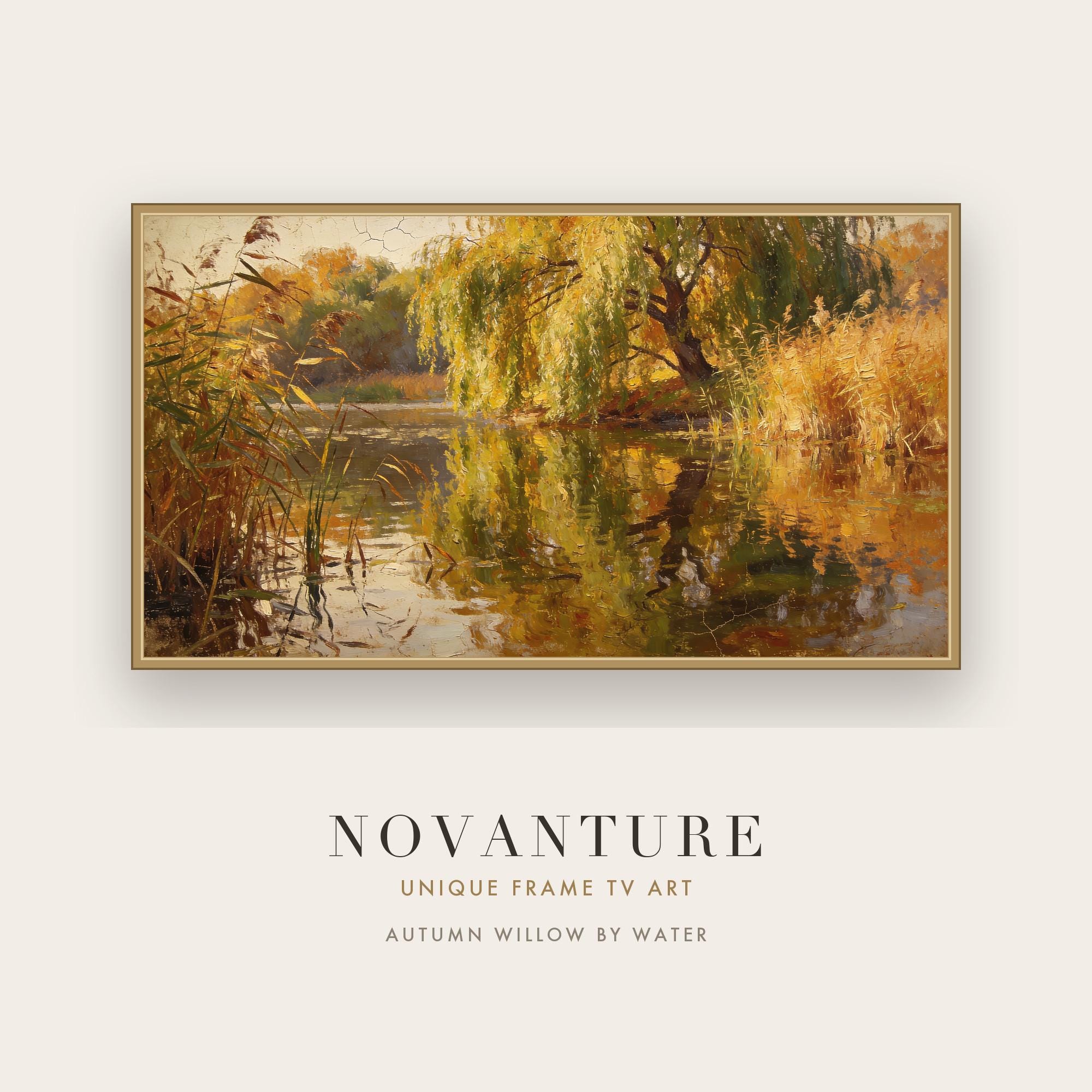 Samsung Frame TV Art Autumn Willow by Water Impressionist Golden Yellow Landscap