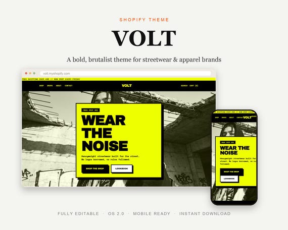 Streetwear Shopify Theme, Bold Brutalist Clothing Template, Editable O