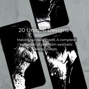 Puede incluir: Tres smartphones negros que muestran dise&ntilde;os &uacute;nicos en blanco y negro de estilo anime. El texto "20 Unique Designs" es visible, junto con la frase "Match your daily mood. A complete collection of premium aesthetic backgrounds."