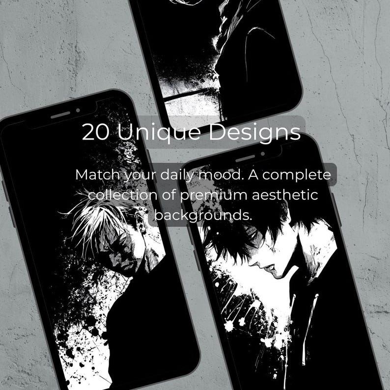 Puede incluir: Tres smartphones negros que muestran dise&ntilde;os &uacute;nicos en blanco y negro de estilo anime. El texto "20 Unique Designs" es visible, junto con la frase "Match your daily mood. A complete collection of premium aesthetic backgrounds."