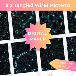 8 Tangled Cables Seamless Patterns, Cyberpunk Industrial Texture (Digital Download)