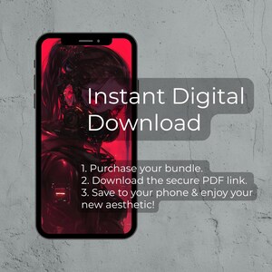 May include: A smartphone displays a digital art image in shades of red. The screen shows a futuristic female figure with the text "Instant Digital Download" and instructions for downloading the aesthetic.