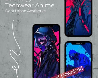 May include: Three smartphones showcasing edgy anime art with a dark urban aesthetic. The phones display illustrations in shades of blue, pink, and black. Text on the image reads "20x Edgy Techwear Anime Dark Urban Aesthetics" and "Instant Download."