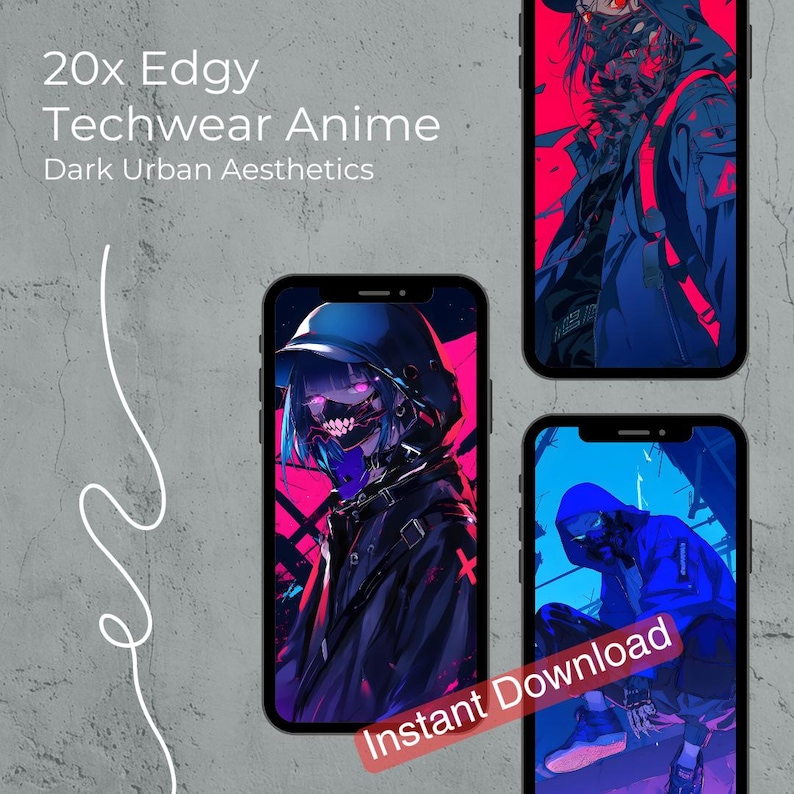 May include: Three smartphones displaying edgy anime art with a dark urban aesthetic. The phones feature illustrations in shades of blue, pink, and black. Text on the image reads "20x Edgy Techwear Anime Dark Urban Aesthetics" and "Instant Download."