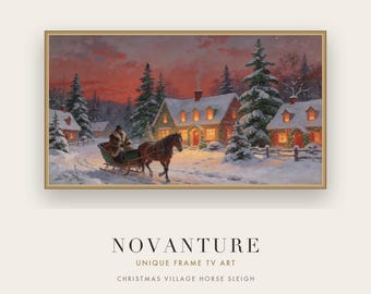 Art Print Christmas Village Horse Sleigh Sunset Festive Painting Digital Download