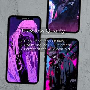 May include: Three smartphones displaying anime-style artwork in shades of purple, pink, and black. The text "Flawless Quality" is above the phones, with bullet points below stating "High-Resolution Details", "Optimized for OLED Screens", and "Perfect fit for iOS & Android".