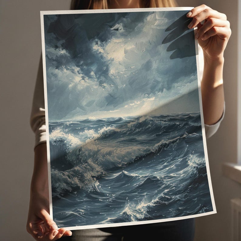 Dark Moody Seascape Wall Art Print, Stormy Ocean Digital Download Printable (Digital Download) image 3
