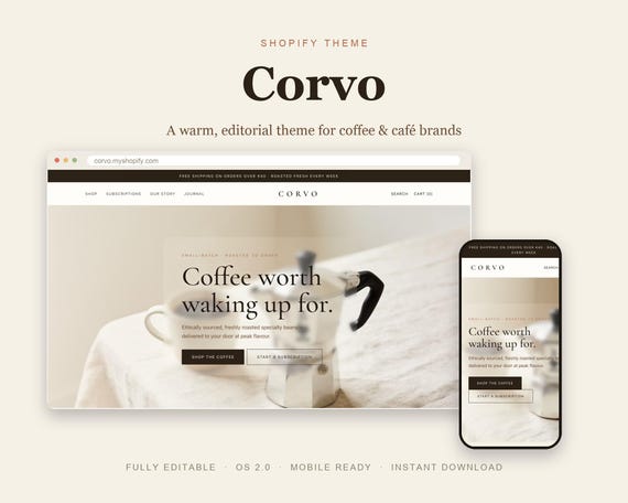 Corvo Shopify Theme, Minimalist Coffee Roastery Website, OS 2.0 (Insta
