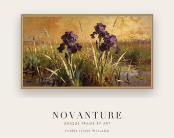 Samsung Frame TV Art Purple Irises Wetland Impressionist Golden Hour Landscape Painting