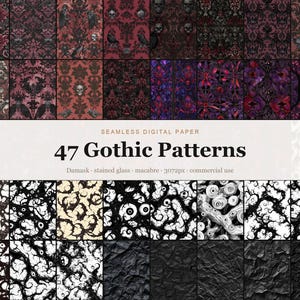 Könnte beinhalten: Eine Sammlung von 47 nahtlosen digitalen Papiermustern mit gotischen Designs, darunter Damast, Totenköpfe, Raben, Buntglas und Augenmotive in Schwarz, Rot, Lila und Weiß. Der Text lautet: SEAMLESS DIGITAL PAPER 47 Gothic Patterns Damask stained glass macabre 3072px commercial use.