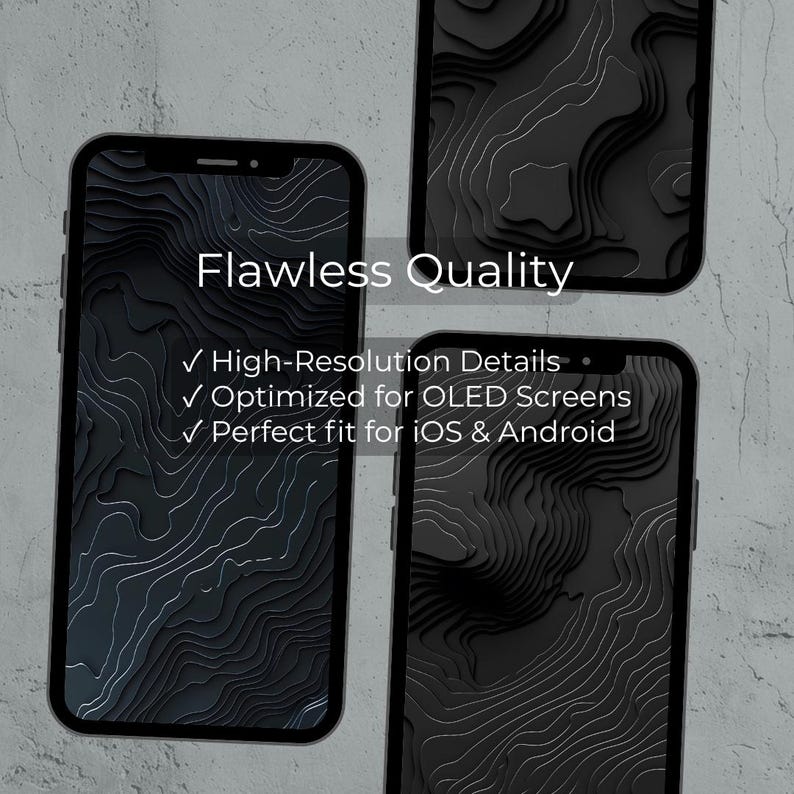 Peut inclure: Trois smartphones avec des coques noires et un motif de carte topographique sur leurs &eacute;crans. Le texte "Flawless Quality" est au-dessus des puces : "High-Resolution Details", "Optimized for OLED Screens", et "Perfect fit for iOS & Android".
