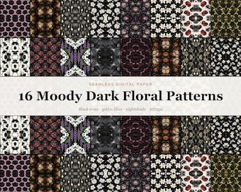 16 Moody Dark Floral Seamless Patterns, Gothic Black Flowers Digital Paper, Moody Botanical Backgrounds (Digital Download)